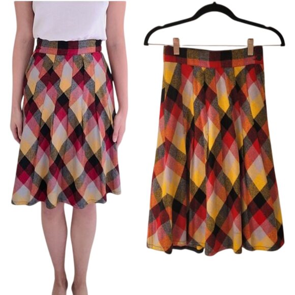 60/70s Autumn A-Line Vintage Plaid Check Side-Button Pleated Skirt XS 24" waist - Picture 1 of 11